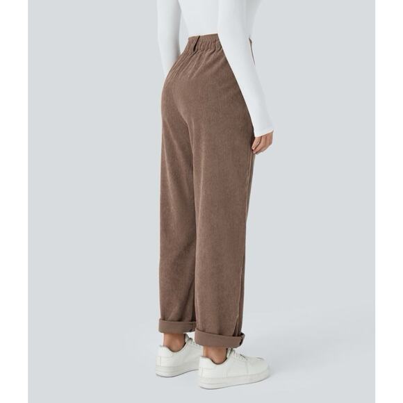 NWT Halara High Waisted Button Zipper Side Pocket Corduroy Pants Acorn Brown M - Picture 2 of 4